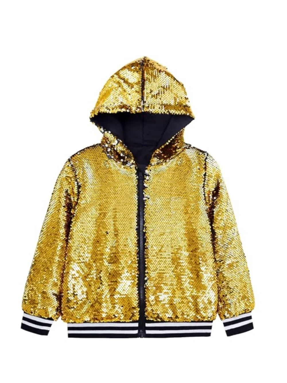 CHENBAO Girl Sequin Long Sleeves Zip Up Flip-Sequin Sparkle Metallic Jacket XXXL